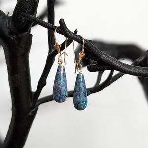 NWT 10 KT Yellow Gold Blue Mosaic Opal Drop Earrings